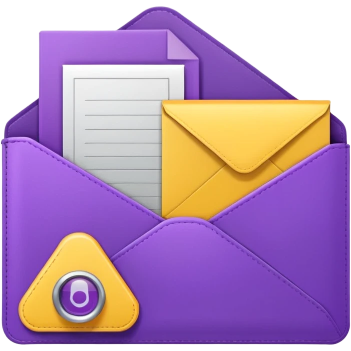 simple, minimalistic yellow (hex#FFD008) and purple (hex#8C52FF) icons of a pin, a working case, a folder, a magnifier, an email, an envelope emoji