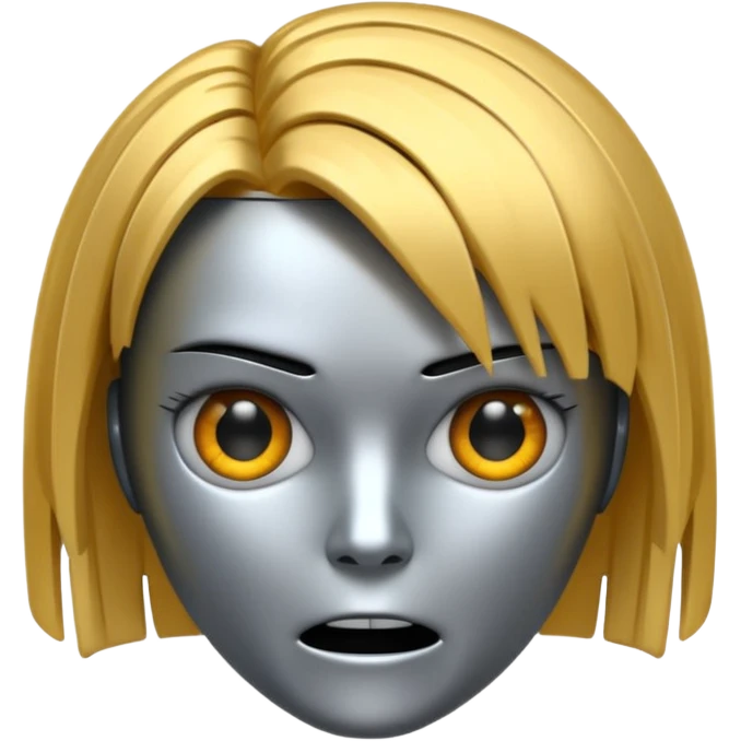Robot emoji with angry facial expression, make it look comically robotic (closer to Robot than Human), it should have human-like hair, in a short tapered asymmetric bob shape emoji