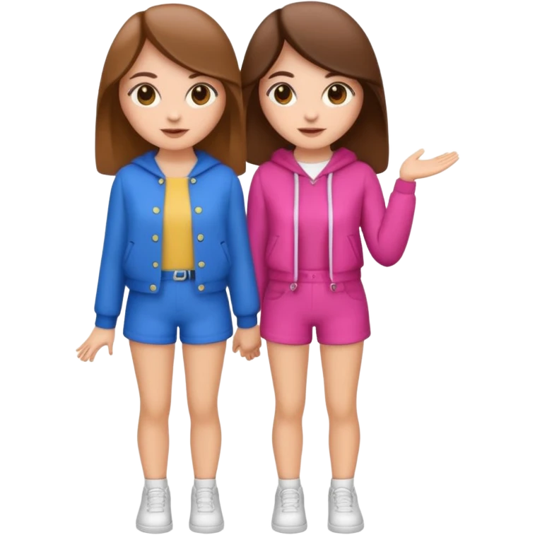 👯‍♀️ generate this emoji, as two white girls, bffs, the same pose but maybe the outfit cuter. we are models. both with brown hair emoji