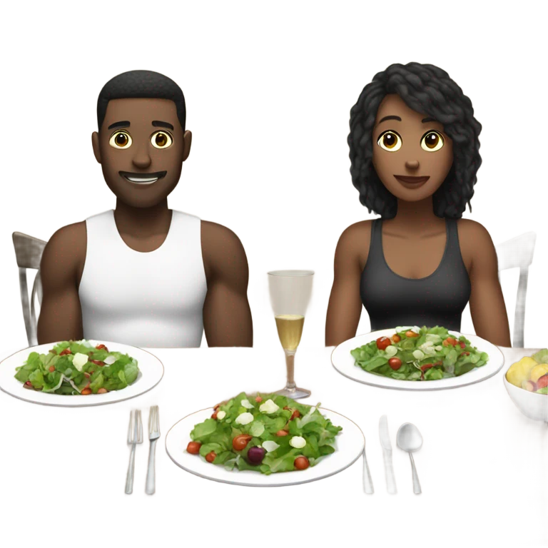 emoji Sporty white couple, man and woman in sportswear, sitting at Christmas festive dinner table only salads. behind them is a Christmas tree emoji