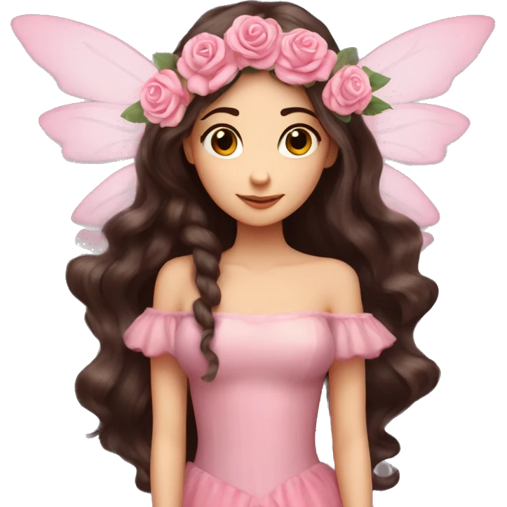 Beautiful, rose, fairy, pink, flowers in hair, long dark brown hair, big wings, fair skin emoji