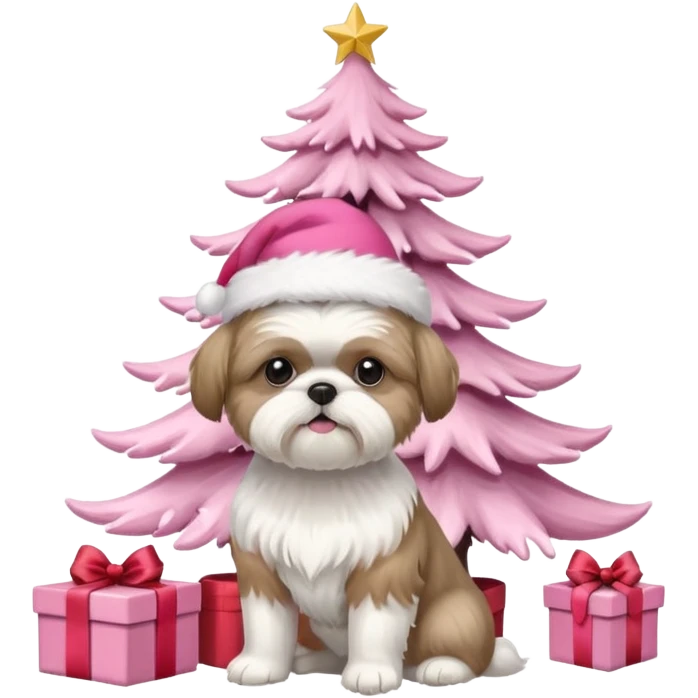 one little white all over shih tzu dog with pink santa hat with short hair sitting next to pink christmas tree emoji