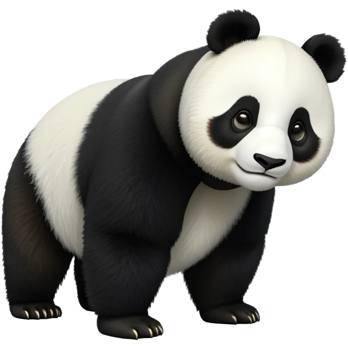 cinematic-[panda bear]-realistic-full-body-standing on all fours-emoji,-tail-tucked-close,-head-tilted-dramatically,-thick-[black and white]-fur,-simplified-yet-realistic-focused-features,-highly-detailed,-glowing-with-an-almost-sarcastic-glow emoji