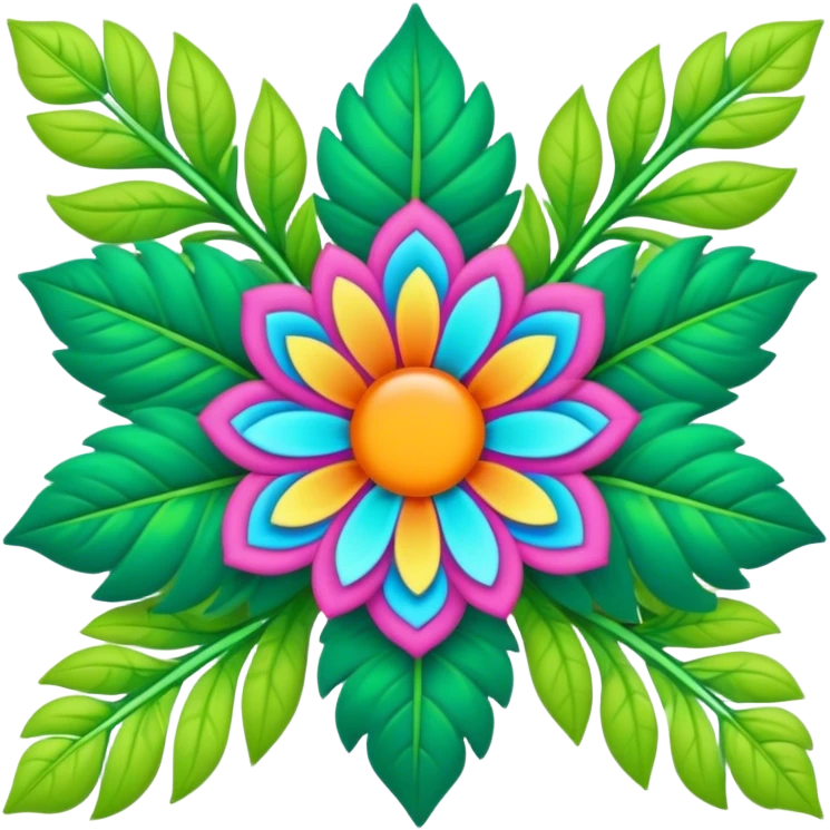3D, psychedelic colored hippie style flower border with leaves emoji