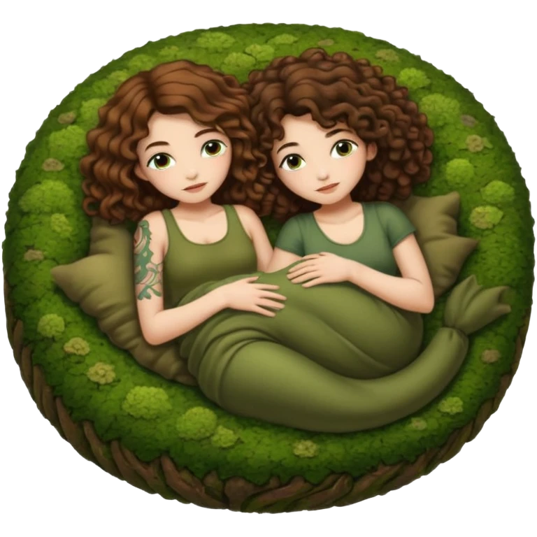 cozy moss bed — long wavy brown hair tattooed woman and short tight curly brown hair woman — curled together on moss pillow sleepy emoji