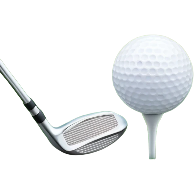 A golf ball on a tee, with a golf club placed beside it on the lush green fairway. The background shows a serene golf course with neatly trimmed grass and a clear blue sky, emphasizing the elegance and precision of the game. emoji