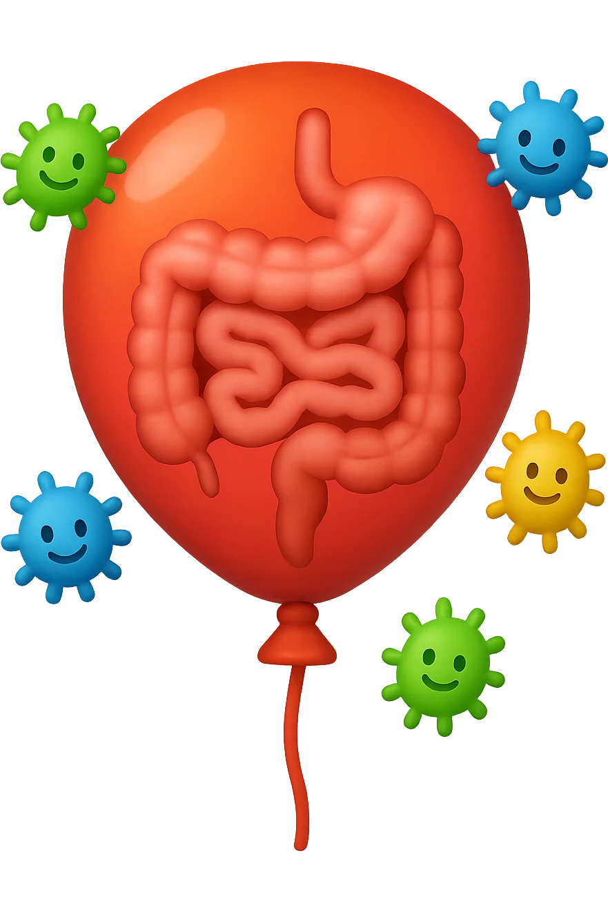 emoji stile iphone di un palloncino con intestino dentro e batteri intestinali intorno emoji