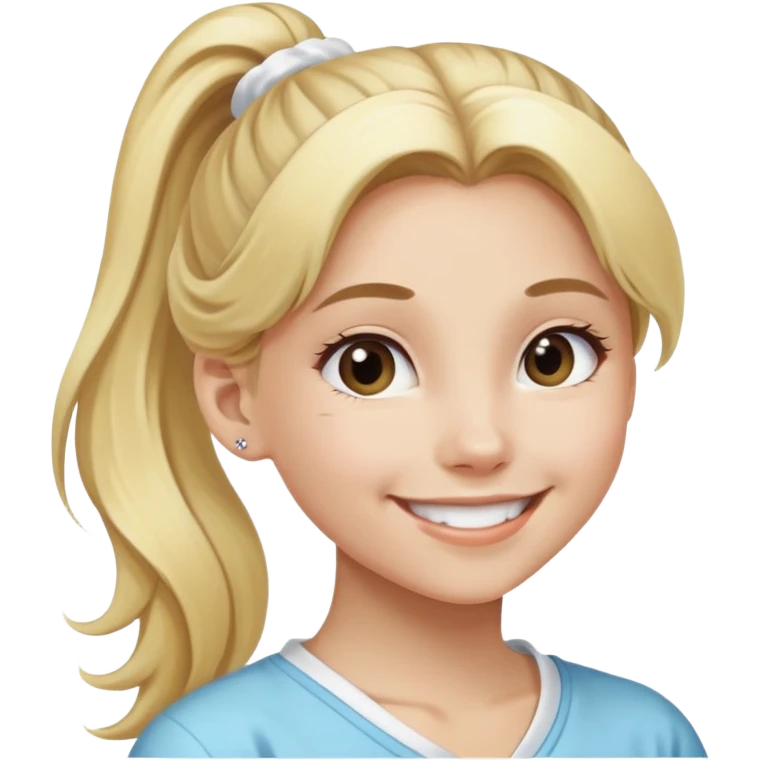 girl smiling with long blonde hair in a pony tail with a white scrunchie emoji