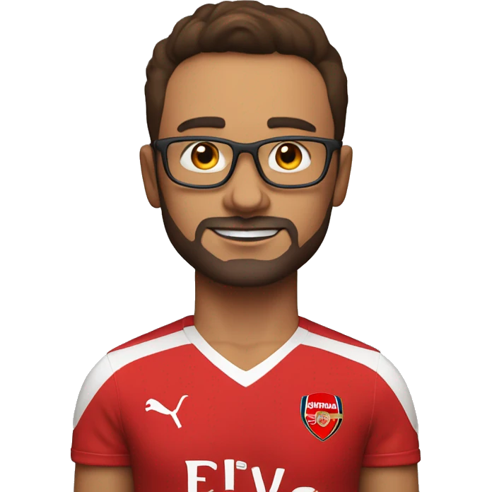 man. mid 30 age, arsenal shirt all red, glasses, short brown hair, no facial hair,  arms up emoji