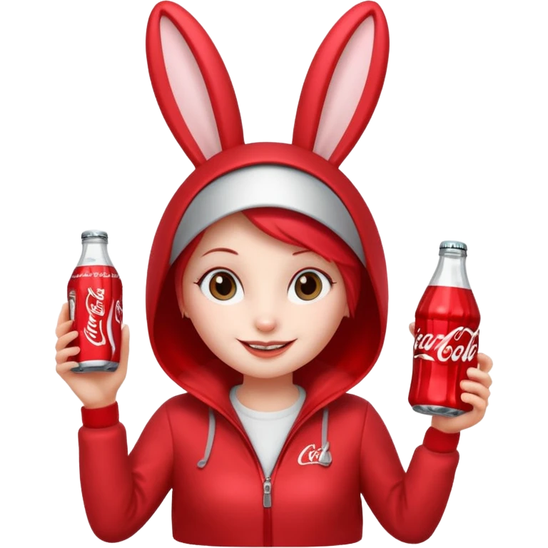 Red soda can as its head and a body resembling a bottle can . The can has large, friendly eyes and a smiling facial expression. The character’s bunny long ears are also red, and it has sliver accents on either side. The body displays the Coca-Cola logo prominently. emoji