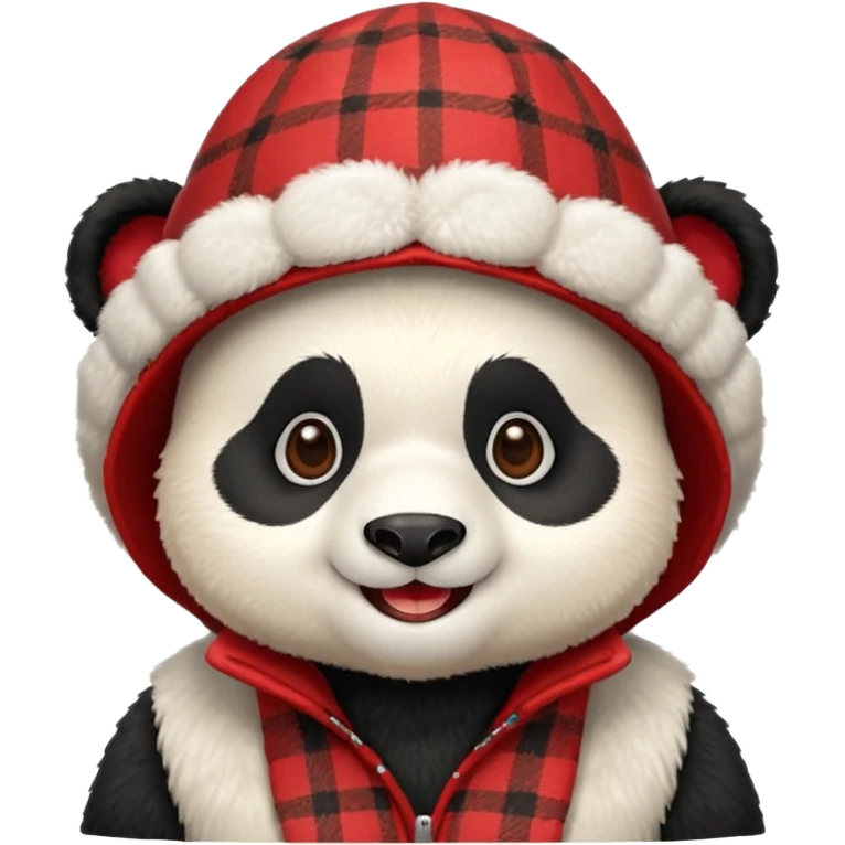 Photorealistic close-up of a cute, smiling panda wearing a red patterned winter trapper hat. Happy expression, cheerful vibe. Simple studio background. Detailed textures, sharp focus emoji