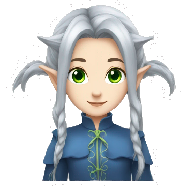 Frieren, grey_hair, twintails, elf, pointy_ears, long_hair, green_eyes, blue_eyes emoji