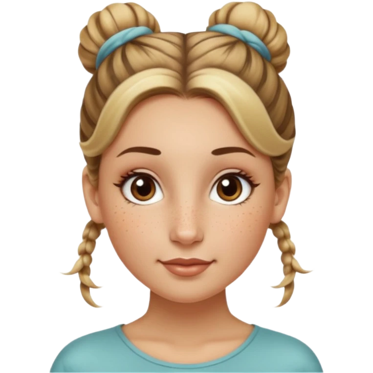 creative women with long dark Blond with highlights semi curly hair white women with hair in a top bun(one bun not two), oval shape face hazel eyes long lashes freckles on the nose high cheek bones emoji