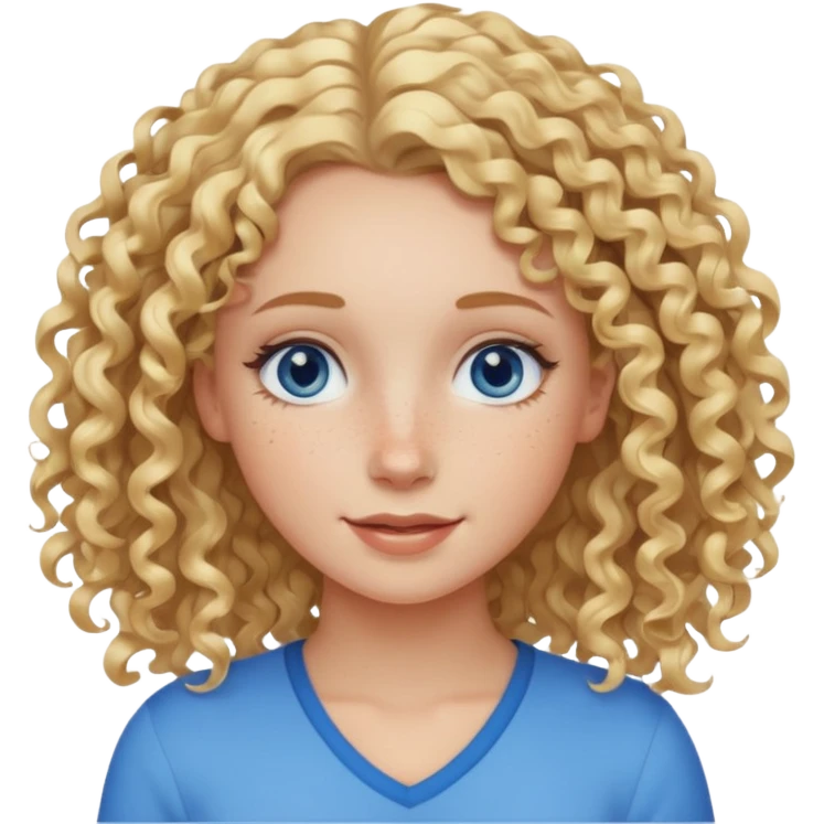 Friendly looking white girl with curly, blonde hair, blue eyes, and freckles. emoji