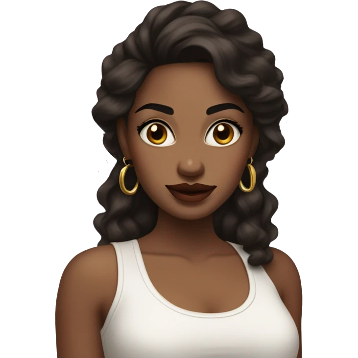 woman with long wavy dark brown hair, big dark brown eyes with thick eyelashes, thick round lips wearing a white tank top and gold earrings emoji