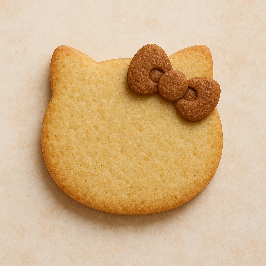 Create an image of a cookie shaped like a cat's head only, without the body. The cookie should have no face details. Add a brown bow on the head similar to Hello Kitty's bow, blending the bow naturally into the cookie design. The style should resemble a cookie with a cat head shape and a subtle bow. emoji