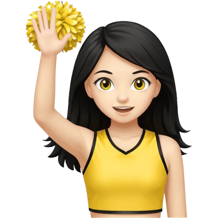 A long black hair teen girl waving pom-poms, eyes sparkling with excitement, yellow cheer leader top emoji