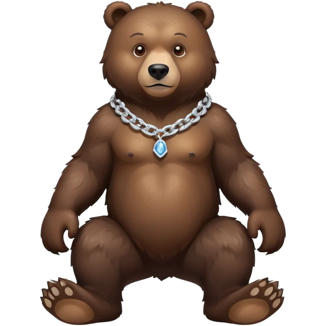 Full-body dark brown bear with rich detailed fur, entire bear shown realistically on four paws, stern look, ice chain necklace, natural stance emoji