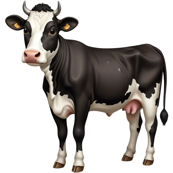 Cinematic Noble Black and White Cow Portrait Emoji, Poised and regal, with a large, sturdy build and a striking, well-groomed coat of pure black accented by crisp white patches, deep-set soulful brown eyes, Simplified yet sharp and sophisticated features, highly detailed, glowing with a soft, dignified glow, high shine, intelligent and calm, stylized with an air of modern elegance, focused and attentive, soft glowing outline, capturing the essence of a watchful and confident bovine guardian, so majestic it feels as though it could stride out of the screen with effortless authority! emoji