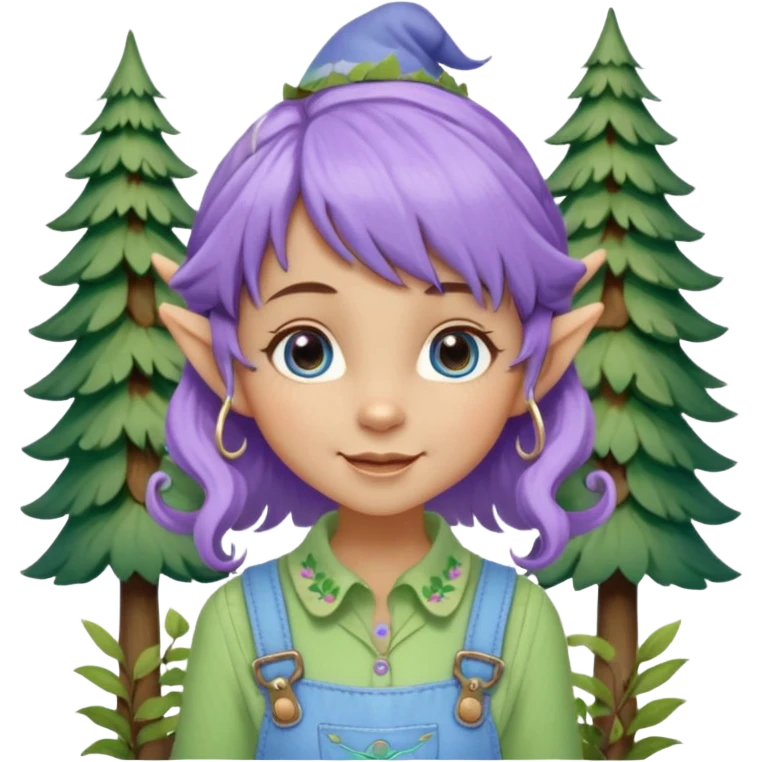 Kind happy whimsical quirky Girl toymaker, wood carving elf. Woodland nature creator. Blue eyes. Short bob, brown wavy hair with bangs. Whimsical playful cute. Overalls with nature embroidered cute shirt collar. Light green, light purple and light blue colour aesthetic  emoji