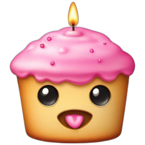 Pink small puncake with candle, and two eyes, two protruding teeth. emoji
