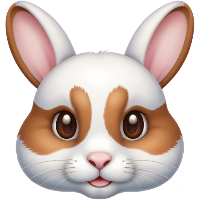 Cinematic Cute White and Brown Rabbit Portrait Emoji, Head tilted playfully and inquisitively, featuring a silky fur with a delicate mix of white and brown patches, round, sparkling eyes filled with curiosity, Simplified yet irresistibly adorable features, highly detailed, glowing with a warm, friendly glow, high shine, affectionate and lively, stylized with a touch of whimsy, bright and endearing, soft glowing outline, capturing the essence of a mischievous yet loving bunny, so playful it feels like it could hop out of the screen and into your arms! emoji
