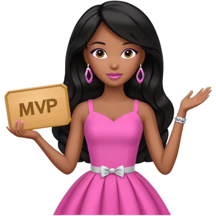 Black barbie, long black  hair, pink dress holding mvp sign  emoji