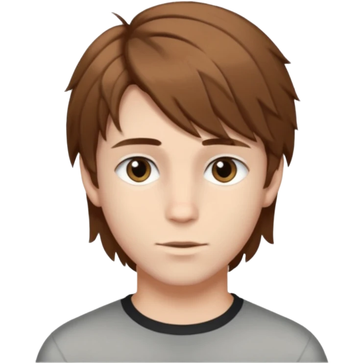 A young white boy with brown hair and eyes, with slightly long, straight and disheveled hair with wolfcut haircut, Make it look aesthetic, it's a trans boy emoji