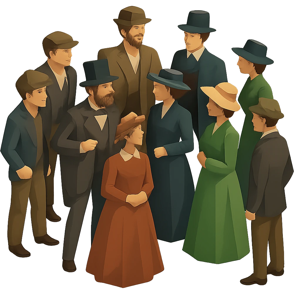 Remove the background to keep only the group of 19th century people in isometric full body view. They wear period-appropriate clothing and hats, standing together in dynamic poses. Transparent background, no text. emoji