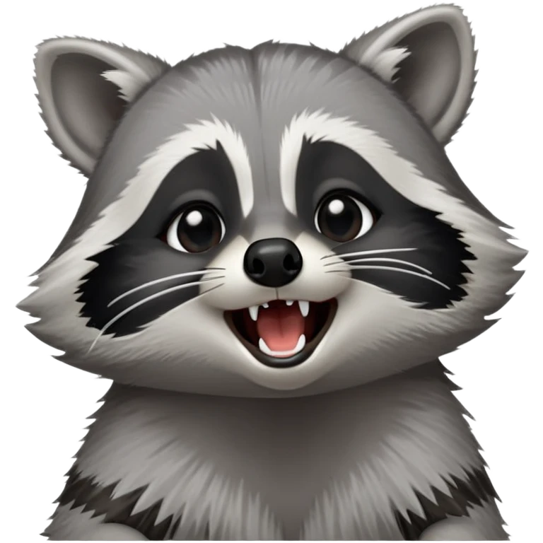 Cinematic-cute realistic- Yawning Raccoon-Portrait-Emoji – Poised and confident, wide-open yawn, revealing a soft grey with a sturdy build and a beautifully textured fur of silver-grey accented by dark black facial markings, deep-set, big black eyes, simplified yet sharp and sophisticated zoom out to show shoulders emoji