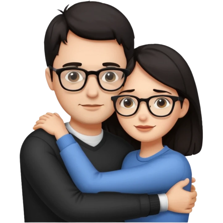 dark haired man with glasses hugging dark long haired woman with glasses emoji