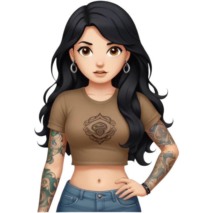 A girl with fair skin, long black hair with big waves, tattoos on her arms, wearing a brown navel-revealing short-sleeved shirt, and a navel piercing emoji