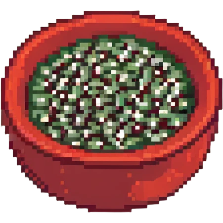 Small ceramic bowl filled with tiny sesame seeds, red bowl emoji