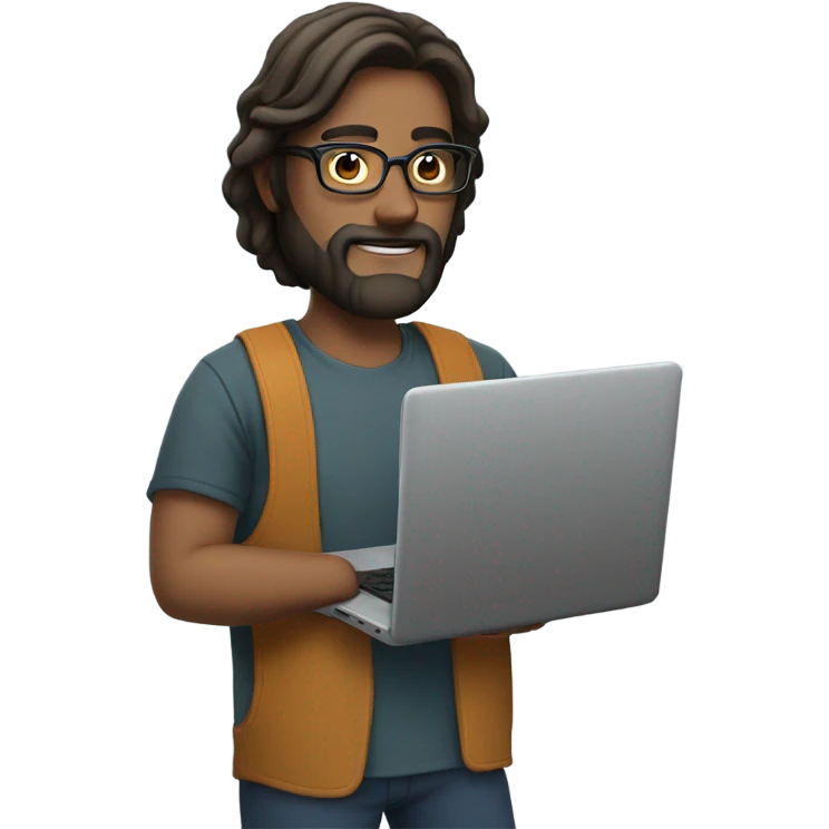A guy with semi-long hair, beard and glasses holding laptop emoji