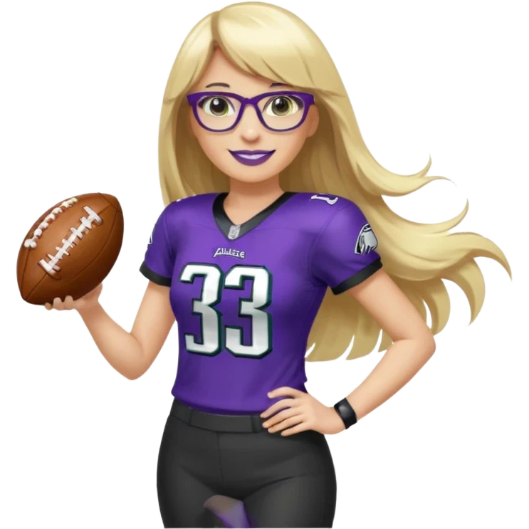 full length women wearing eagles uniform, long blonde hair, straight bangs, black glasses, holding football, number 33, smiling, purple lipstick emoji