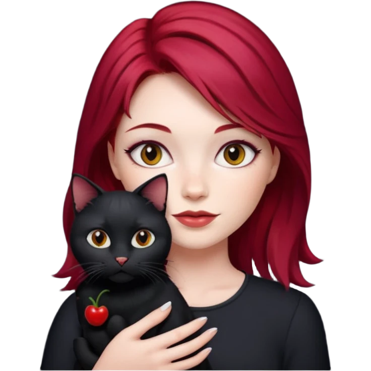 Woman with cherry red hair and white skin holding a black cat emoji