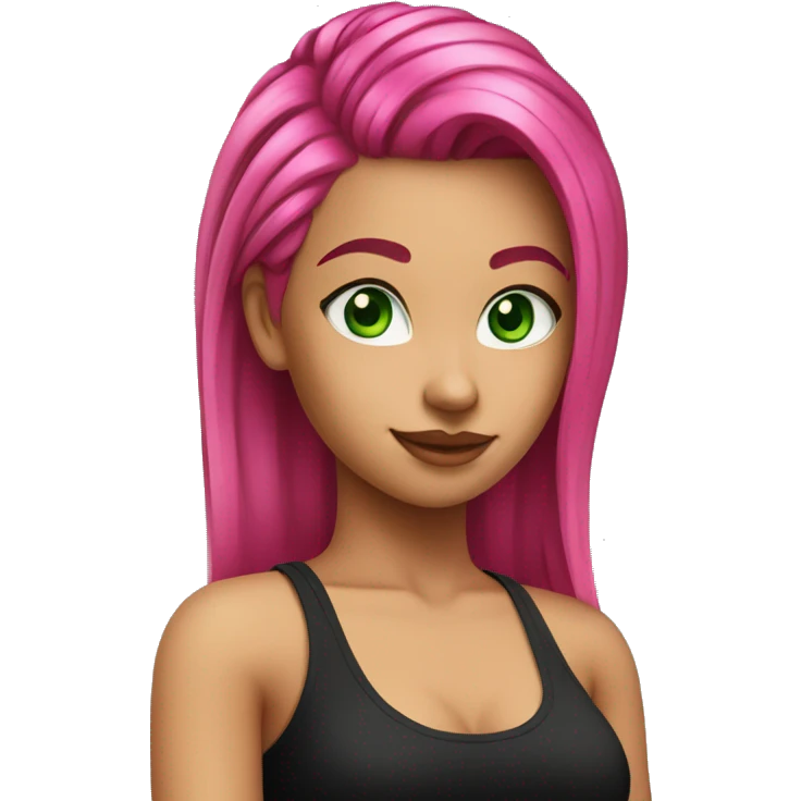 a girl with green eyes and long hot pink hair wearing a black tank top, slicked back hairstyle emoji