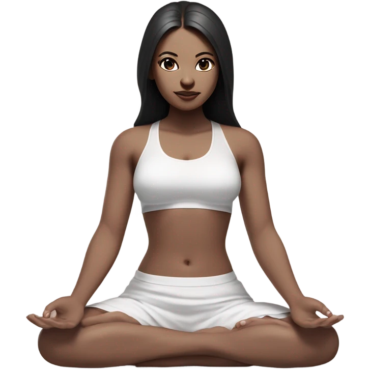 a girl with black long hair, faily white skin tone with brown eyes, meditates in a relaxed lotus position in a comfortable monochrome white bra top and monochrome pink short skirt emoji