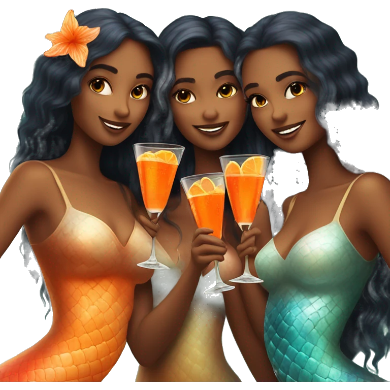 Three beautiful bright skin mermaids drinking aperol emoji