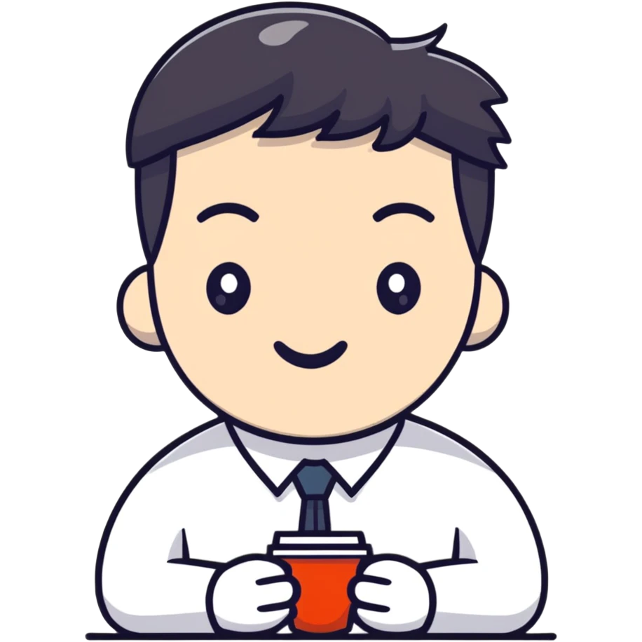 Tired Korean male office worker with coffee emoji