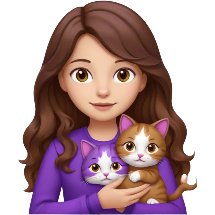 a girl with long wavy brown hair and brown eyes, wearing purple clothes, holding a three-color cat, emoji style emoji