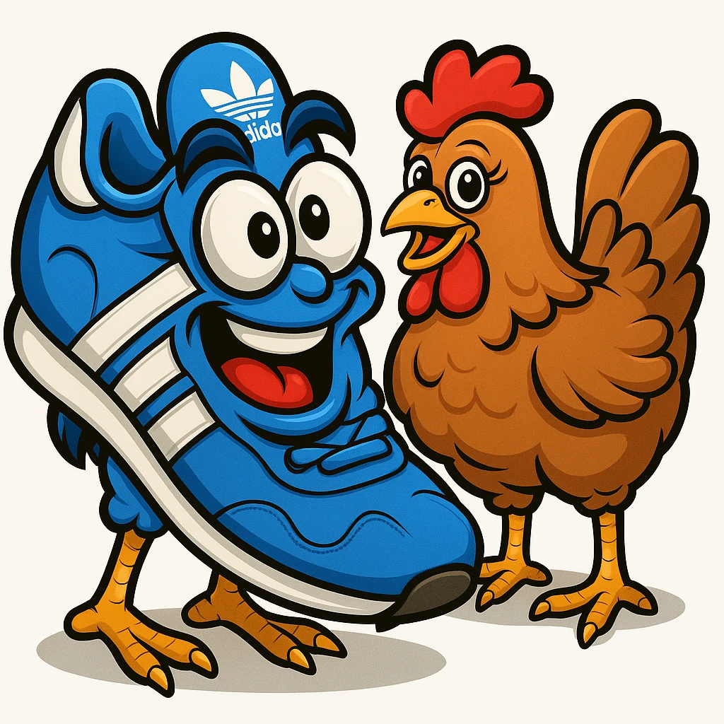Make the blue Adidas sneaker with a face and chicken legs much more caricatured, exaggerating the features and expressions, while maintaining the emoji style look. emoji
