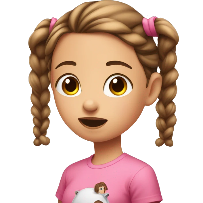 girl with two brown pigtails in pink t-shirt sends an air kiss emoji