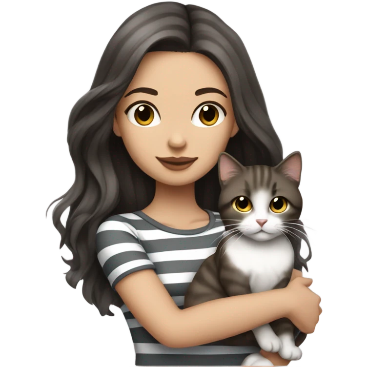 Beautiful dark brown haired tattooed woman holding gray and white striped long hair cat emoji