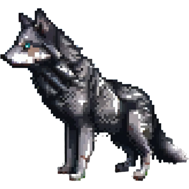 Create a Minecraft style wolf using blocky, pixelated, and realistic texture style. Place the wolf in a grassy Minecraft landscape with a blue sky and clouds, matching the style of the reference image. emoji