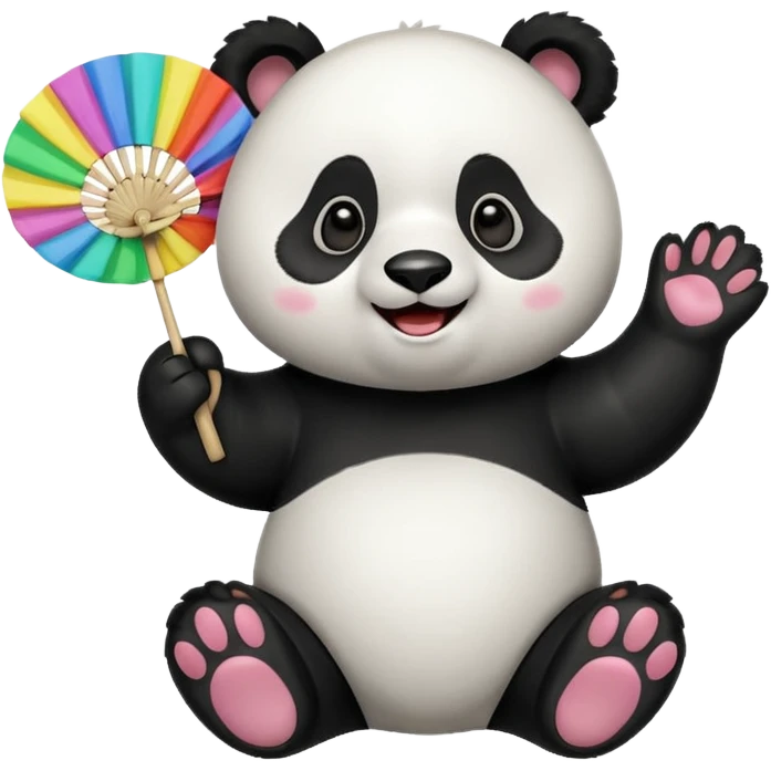 A panda waving a painted fan joyfully, cheeks puffed in excitement sitting
 emoji