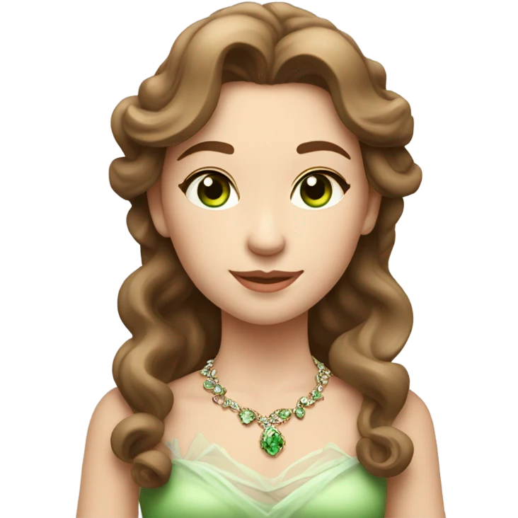 girl with brown hair. they are beautifully styled in a light wave. A small tiara in her hair. The eyes are green. The face is slightly rounded. The girl is dressed in a delicate and elegant carpet. Decoration on the neck and earrings in the ears

 emoji