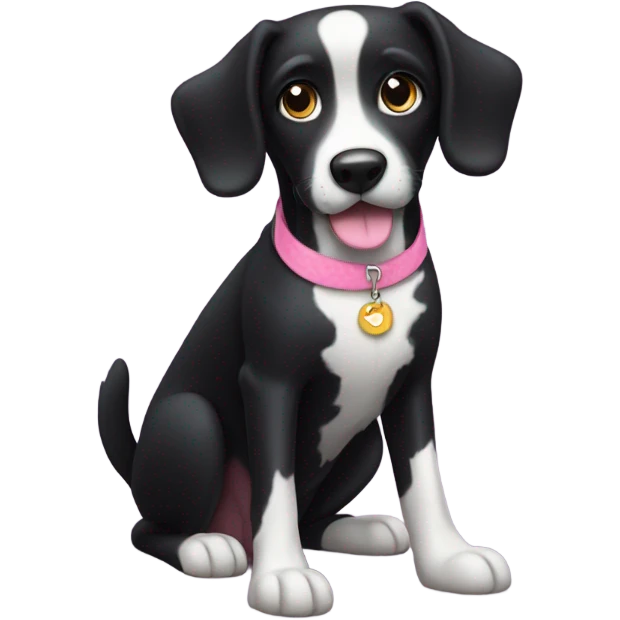 Black dog with white spotty legs and pink collar sitting emoji