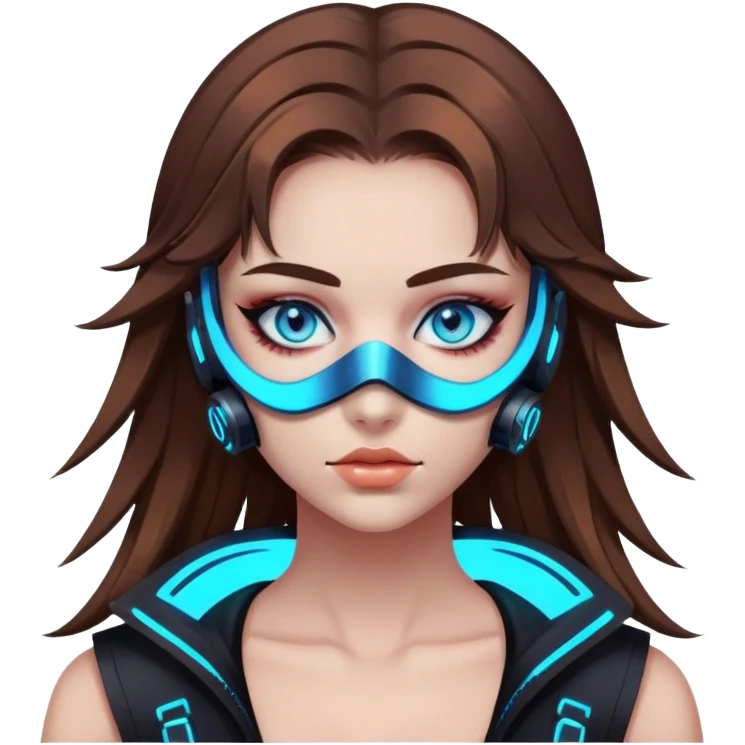 neon cyberpunk style 
girl with brown hair and blue eyes wearing a mask emoji