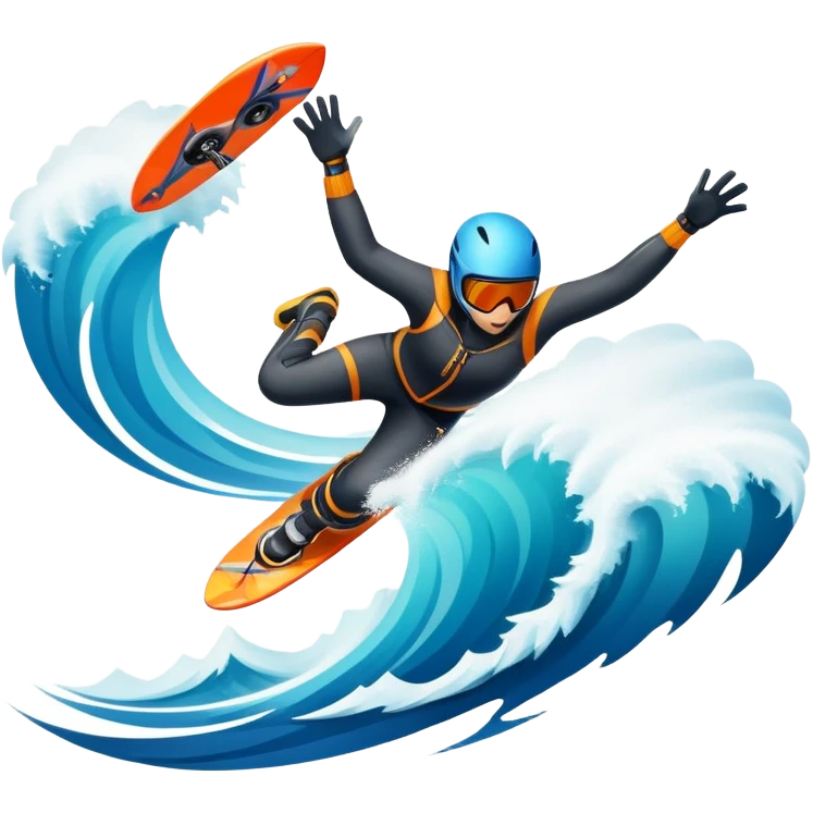 An emblematic symbol featuring a stylized figure in mid-action, representing extreme sports. The design incorporates dynamic lines and bold shapes, with elements like mountains, waves, and flying objects, capturing the thrill and adrenaline of various extreme sports in a single, unified icon. emoji
